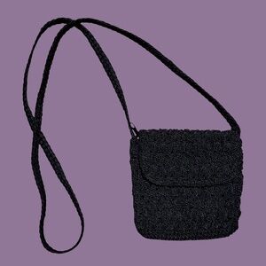 Vintage Chateau Cord Crochet Mini Festival Crossbody Bag Black 6” Zipper Closure
